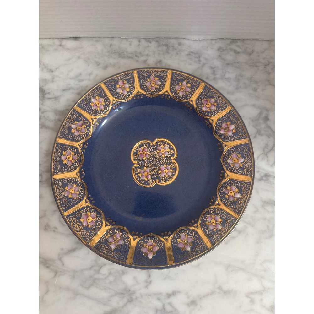 Toyo Cobalt Blue Gold Gilt Pink Floral Decorative Plate 10.25 Inch Chinoiserie